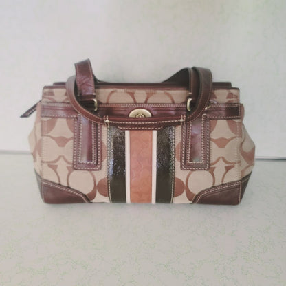 Coach Signature Stripe Gallery Tote Satchel Bag Brown Canvas Leather Trim Y2K