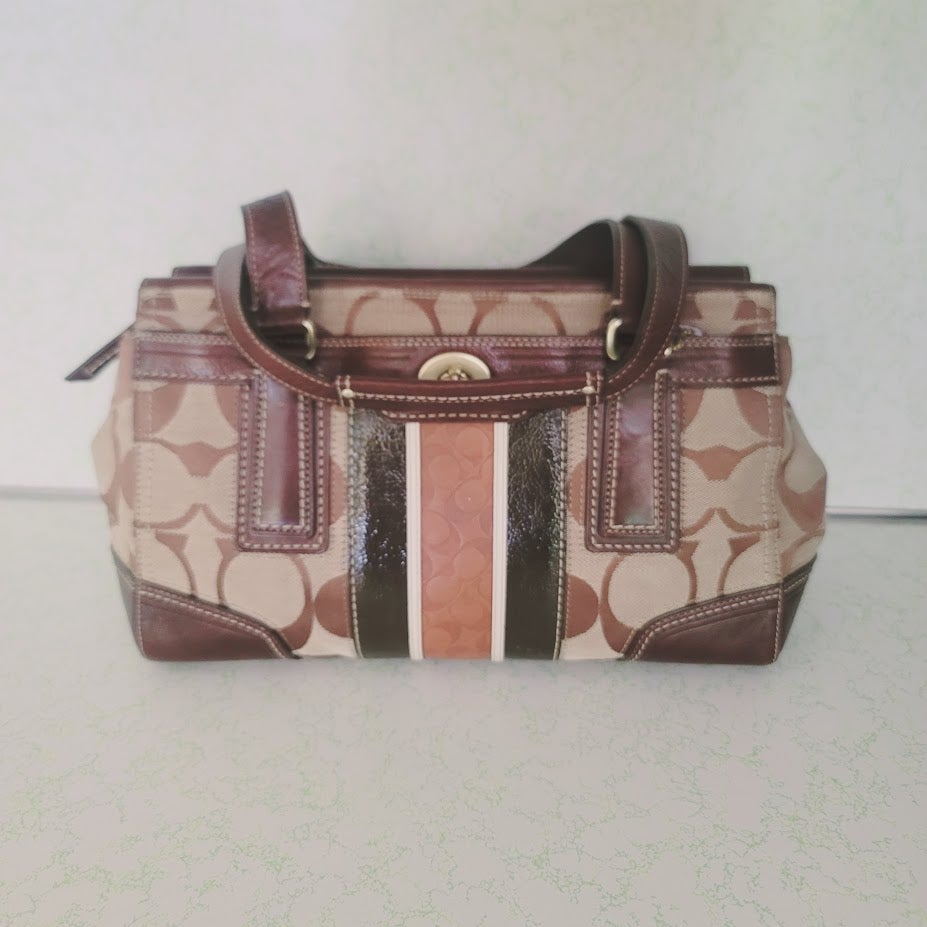 Coach Signature Stripe Gallery Tote Satchel Bag Brown Canvas Leather Trim Y2K