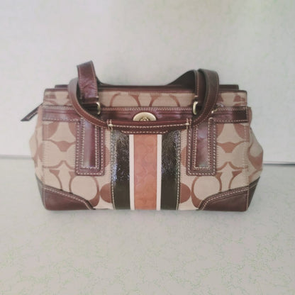 Coach Signature Stripe Gallery Tote Satchel Bag Brown Canvas Leather Trim Y2K