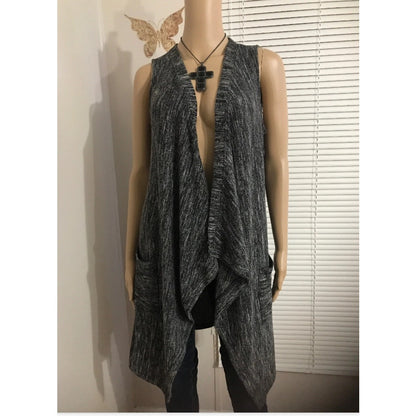 Cupio Lightweight Knit Open Front Cardigan Sweater Sleeveless Black/White Small