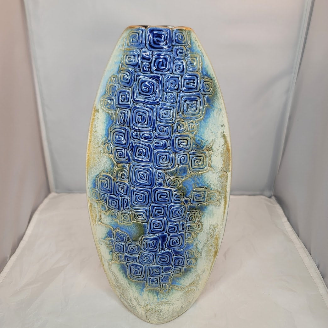 Tenmoku Malaysia 12" Vase Pinched Flatened Pottery Blue Geometric Swirl texture