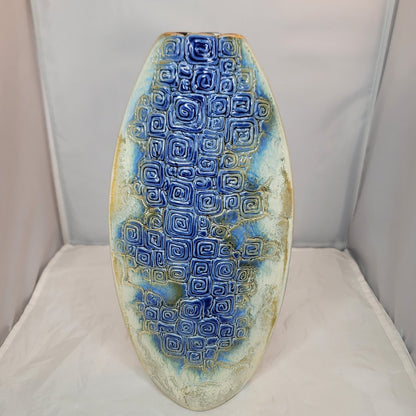Tenmoku Malaysia 12" Vase Pinched Flatened Pottery Blue Geometric Swirl texture