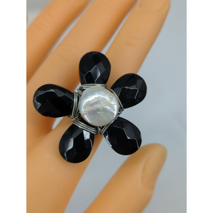 Vintage Black Faceted Acrylic Flower Statement Ring Faux Pearl Y2K Size 9