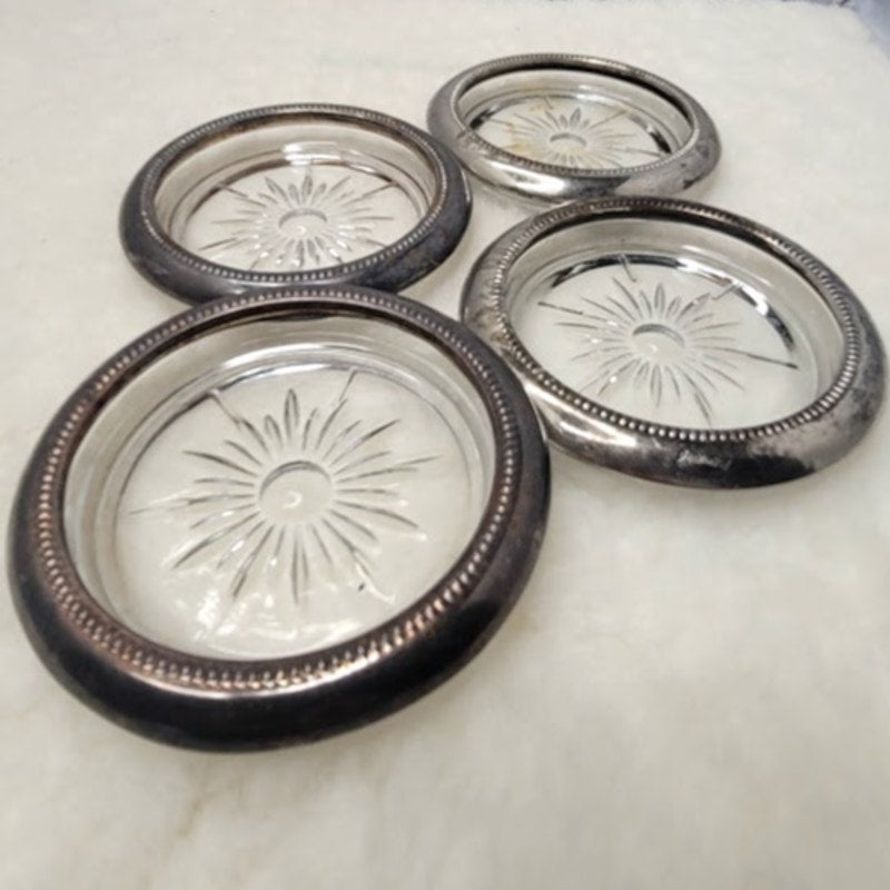 Set 4 Leonard Silverplate Glass Crystal Cut Coasters Barware MCM Starburst Drink