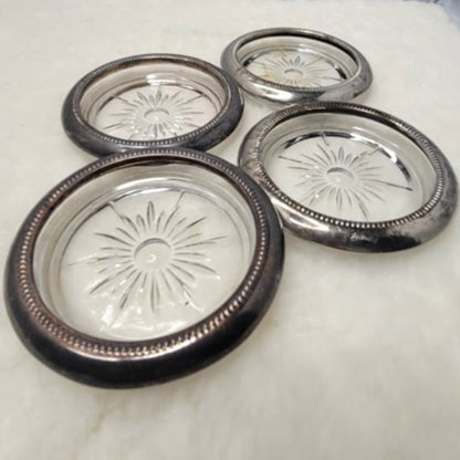 Set 4 Leonard Silverplate Glass Crystal Cut Coasters Barware MCM Starburst Drink