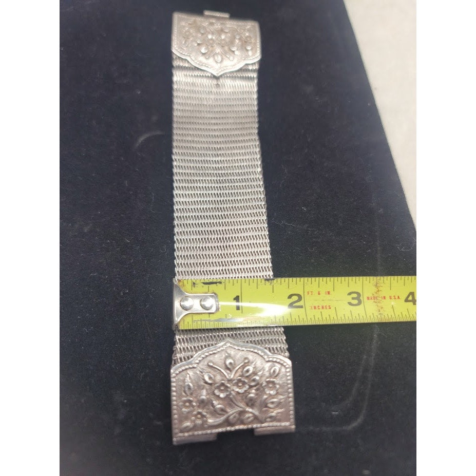 Vintage 925 Wide Mesh Statement Cuff Art Nouveau Floral Relief Artisan Repousse'