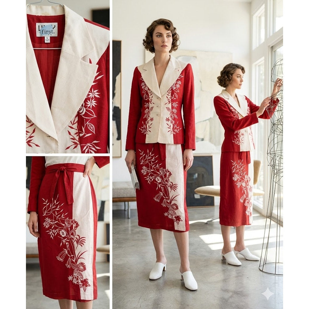 Unhy New York 2 Piece Skirt Suit Three Button Front Jacket A-Line Midi Skirt 10