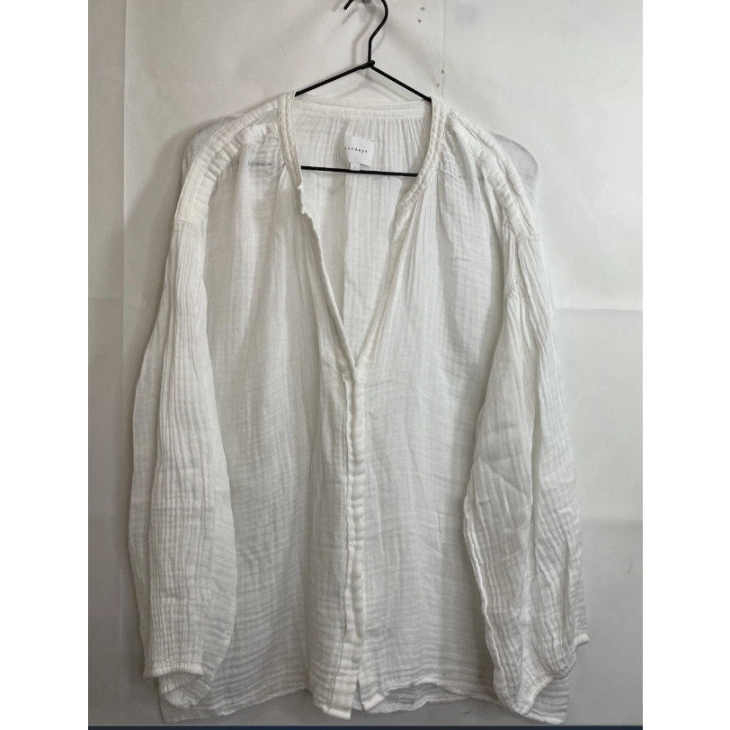 Sundays Size 3 White textured Button Up Cotton Long Sleeve V Neck Top Blouse