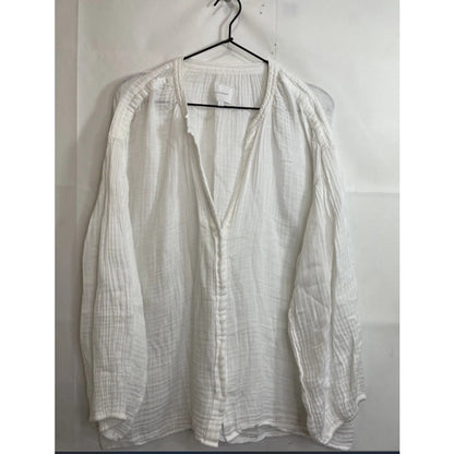 Sundays Size 3 White textured Button Up Cotton Long Sleeve V Neck Top Blouse