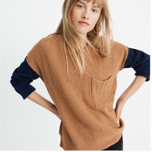 Madewell Thompson Pocket Pullover Sweater Colorblock Navy/Brown Long Sleeve XS