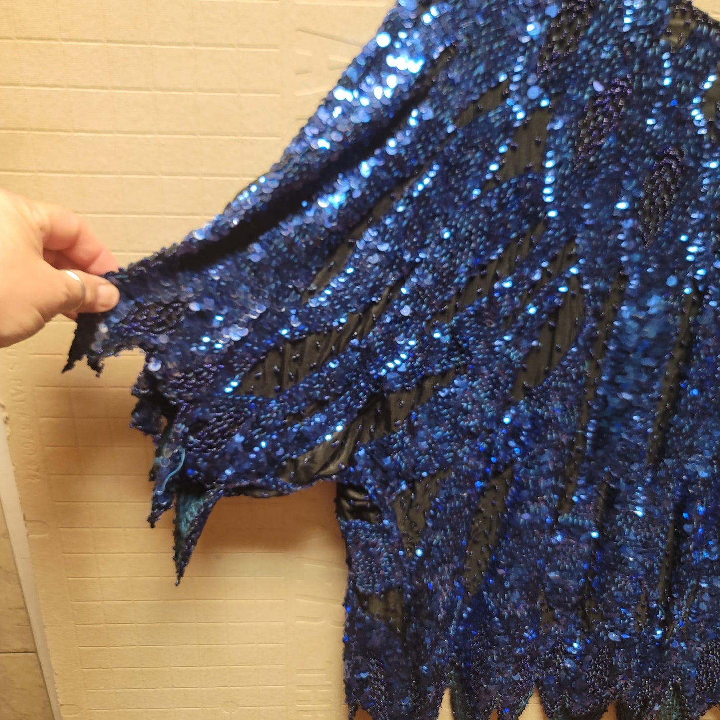 Vintage SILK blue sequin formal womens top jagged hem 80s M/L Handstitched