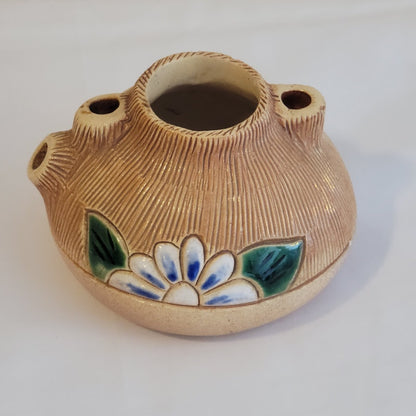 Vintage double sided Studio Pottery Mini Flower Frog Bud Vase Floral Signed 4"