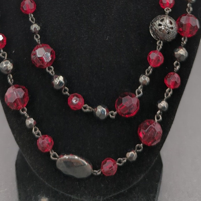Vintage Fashion Necklace Triple-Strand Ruby Red Faceted Glass & Filigree 30"
