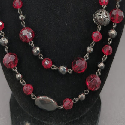 Vintage Fashion Necklace Triple-Strand Ruby Red Faceted Glass & Filigree 30"