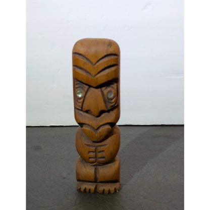 Vintage Handmade 6" Hand-Carved Wood Tiki Totem with Turquoise Inlay