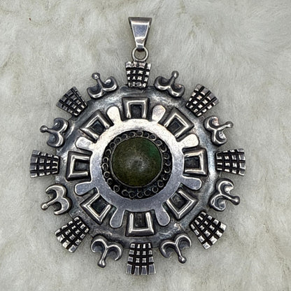 Tribal Falda Art Taxco Sterling Green Turquoise Raw Stone Sun Calendar Pendant