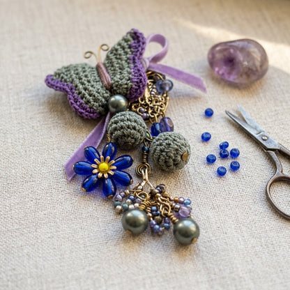 Vintage Handmade Japan Butterfly Crochet Assemblage Brooch Pin Purple Flowers