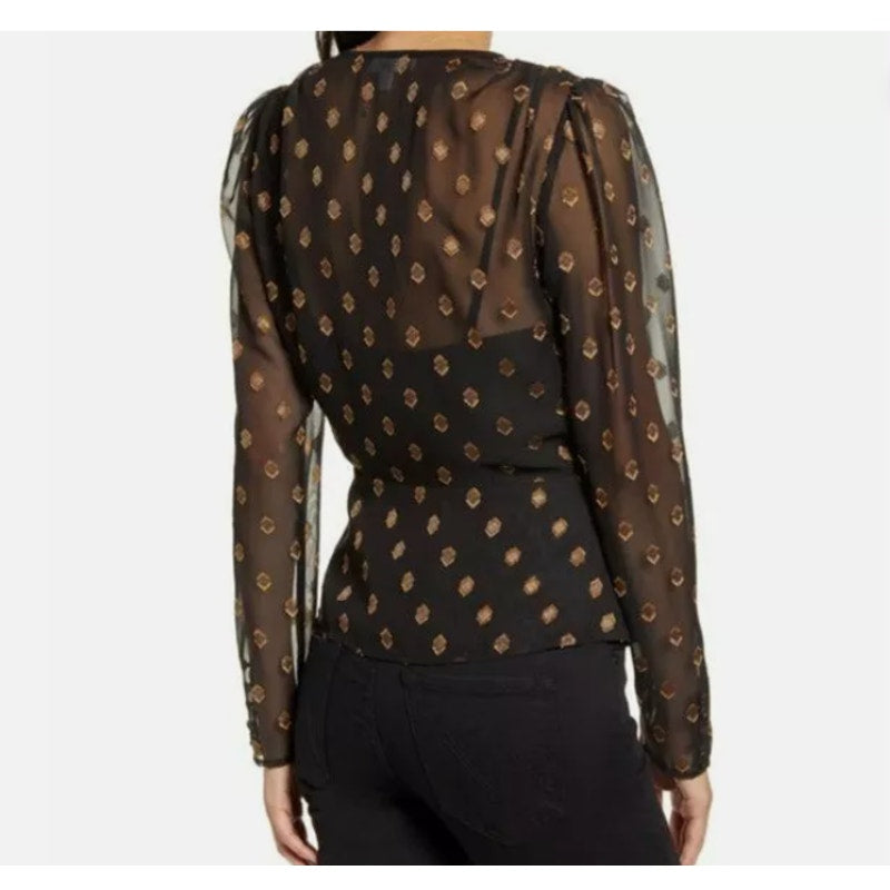 Chelsea28 Sheer Wrap Top Cami & Blouse Size XXS Black Geo Gold $89 Surplice New