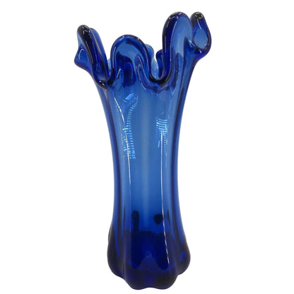 Vintage Cobalt Blue Ruffled Top Vase 9.5” Tall Heavy Finger Swung flower glass