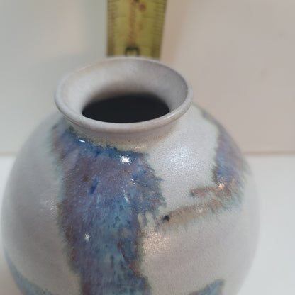 Round spherical vase art pottery small signed RY 1984 blue cream earthtones