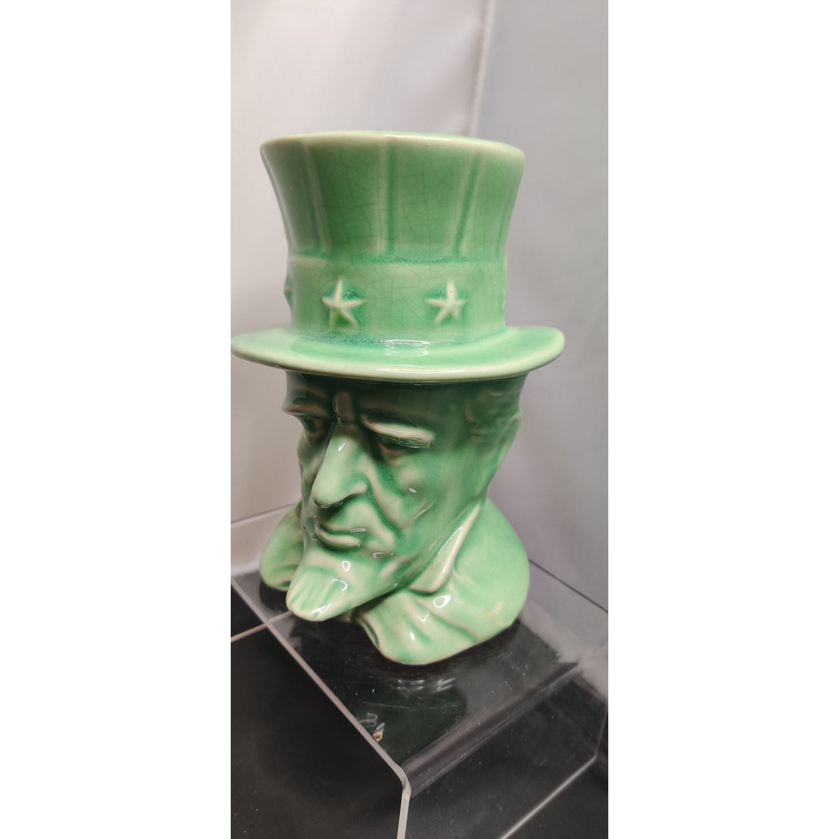 Vintage 1950 Vase Uncle Sam Green Top Hat HeadVase Planter Figurine Collectible