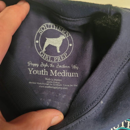 Southern Girl Prep NEW Long Sleeve T-Shirt Cotton YOUTH DARK BLUE plaid dog MED