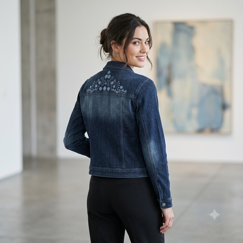 Tinsel Town Couture Jean Jacket Long Sleeve Front Button Embroidered Blue Large