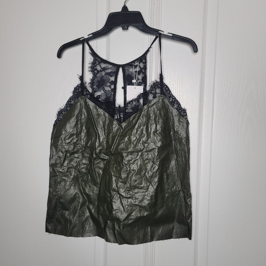FRNCH Size Medium Black Green Faux Leather Lace Cami Top new
