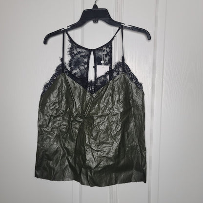 FRNCH Size Medium Black Green Faux Leather Lace Cami Top new