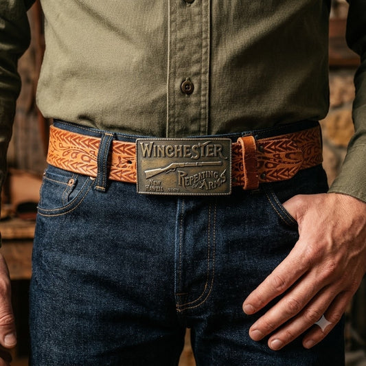Vintage embossed Tooled leather Winchester Repeating Arms Rifle buckle Size XL