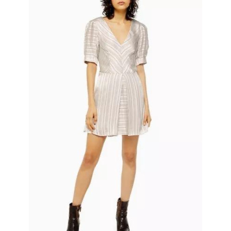 Topshop Champagne Cream Striped lined Mini Dress Pouf Sleeve Us size 2