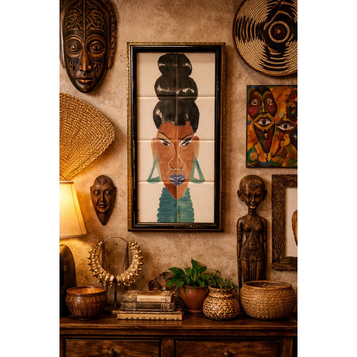 Afrocentric Tile Art African Queen Portrait 80s Glam Wall Decor  19.6" x 10.6"