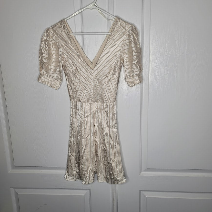 Topshop Champagne Cream Striped lined Mini Dress Pouf Sleeve Us size 2