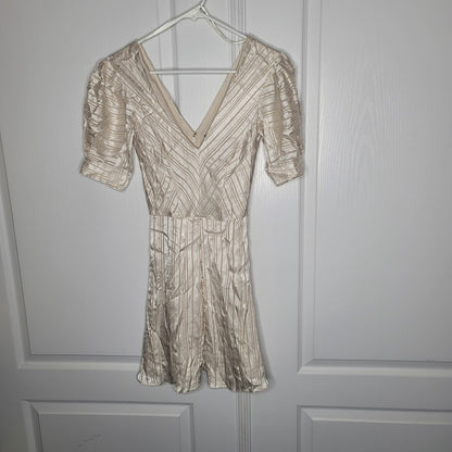 Topshop Champagne Cream Striped lined Mini Dress Pouf Sleeve Us size 2