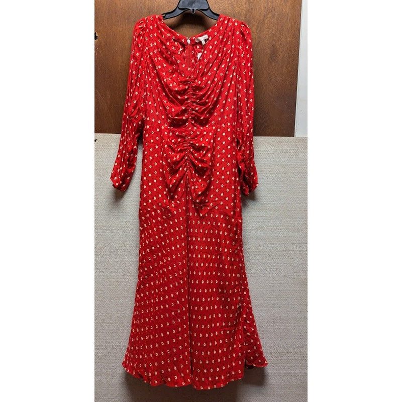Rebecca Taylor Silk Red Midi Dress Long Sleeve VNeck Modesty Size Medium NEW
