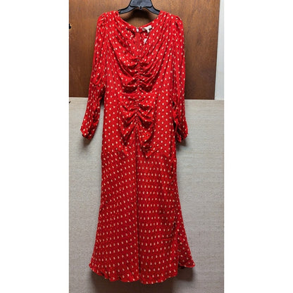 Rebecca Taylor Silk Red Midi Dress Long Sleeve VNeck Modesty Size Medium NEW