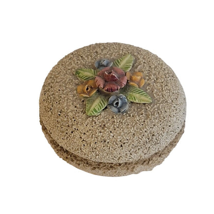 Vintage round trinket stash vanity powder box ceramic flowers spaghetti texture