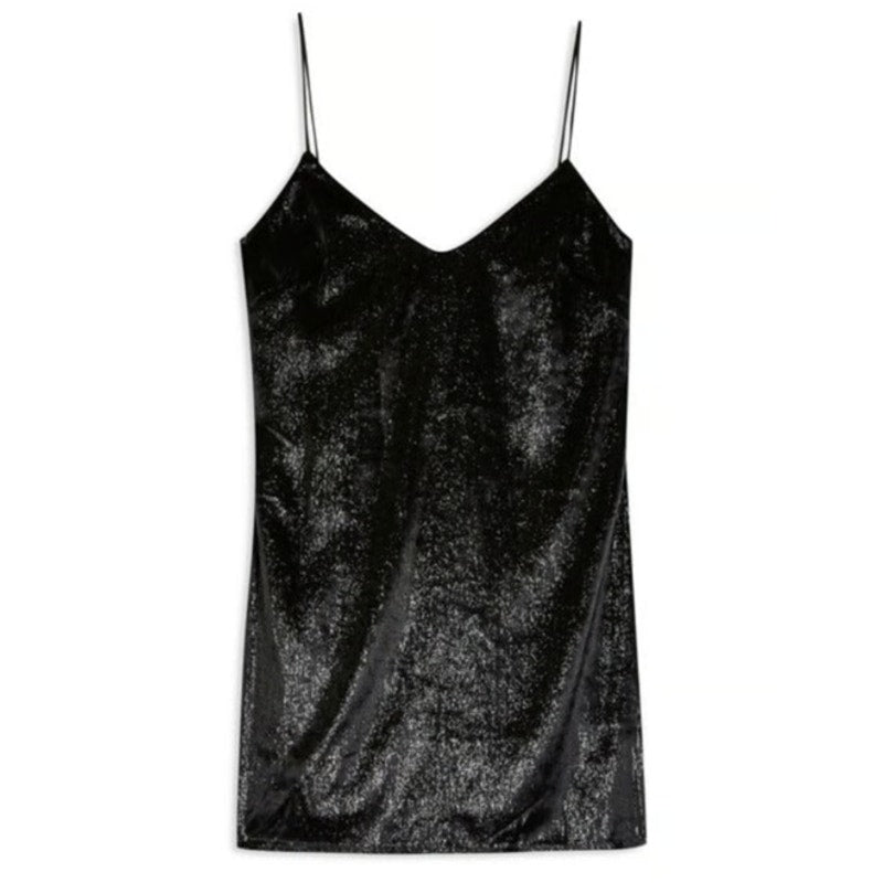 Topshop Velvet Metallic Threads BodyCon Spaghetti Strap Mini Dress 8 Black NWT