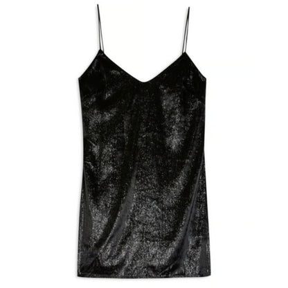 Topshop Velvet Metallic Threads BodyCon Spaghetti Strap Mini Dress 8 Black NWT