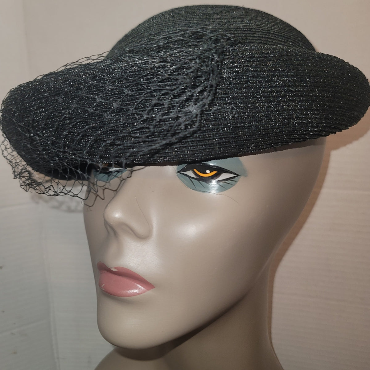 Vintage 50s Black Straw Breton Roller Hat Large Grosgrain Bow Rockabilly Church