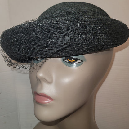 Vintage 50s Black Straw Breton Roller Hat Large Grosgrain Bow Rockabilly Church