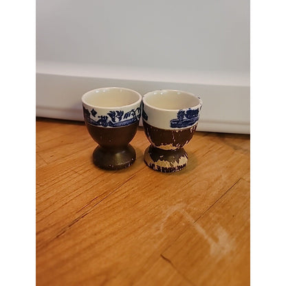 Two Vintage Wood And Porcelain Egg Cups Japan Table Ware Blue Willow ASIAN