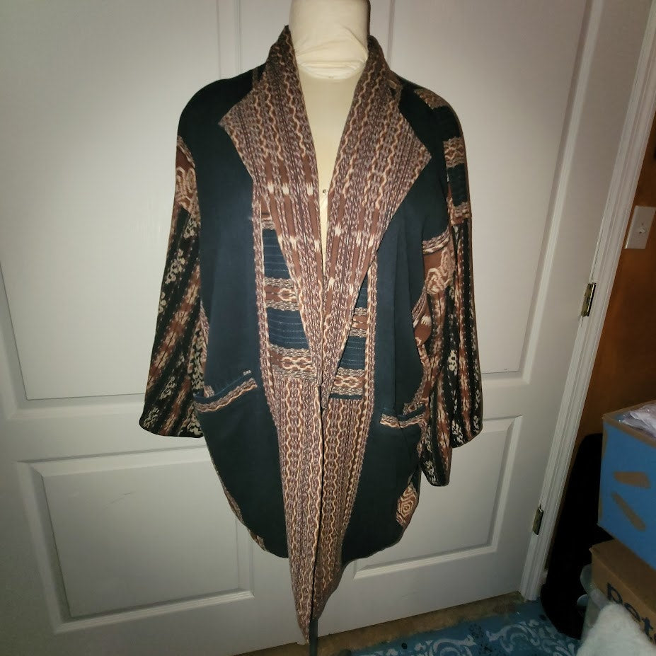 Vintage Reversible Open Front Jacket XL Tribal Stripe Art to Wear Boho Kimono