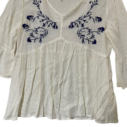 Forgotten Grace Embroidered Flare Sleeve Boho Pullover Top Size 1X in Ivory NWT