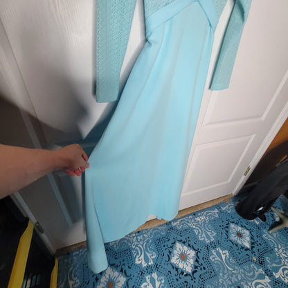 Vintage 70s Sears Blue Lace VNeck Maxi Dress Long Sleeve Mod Medium / Large Belt