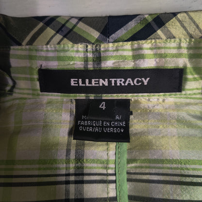 Ellen Tracy Green Plaid Silk Blazer Structured Tartan Preppy Jacket Size 4