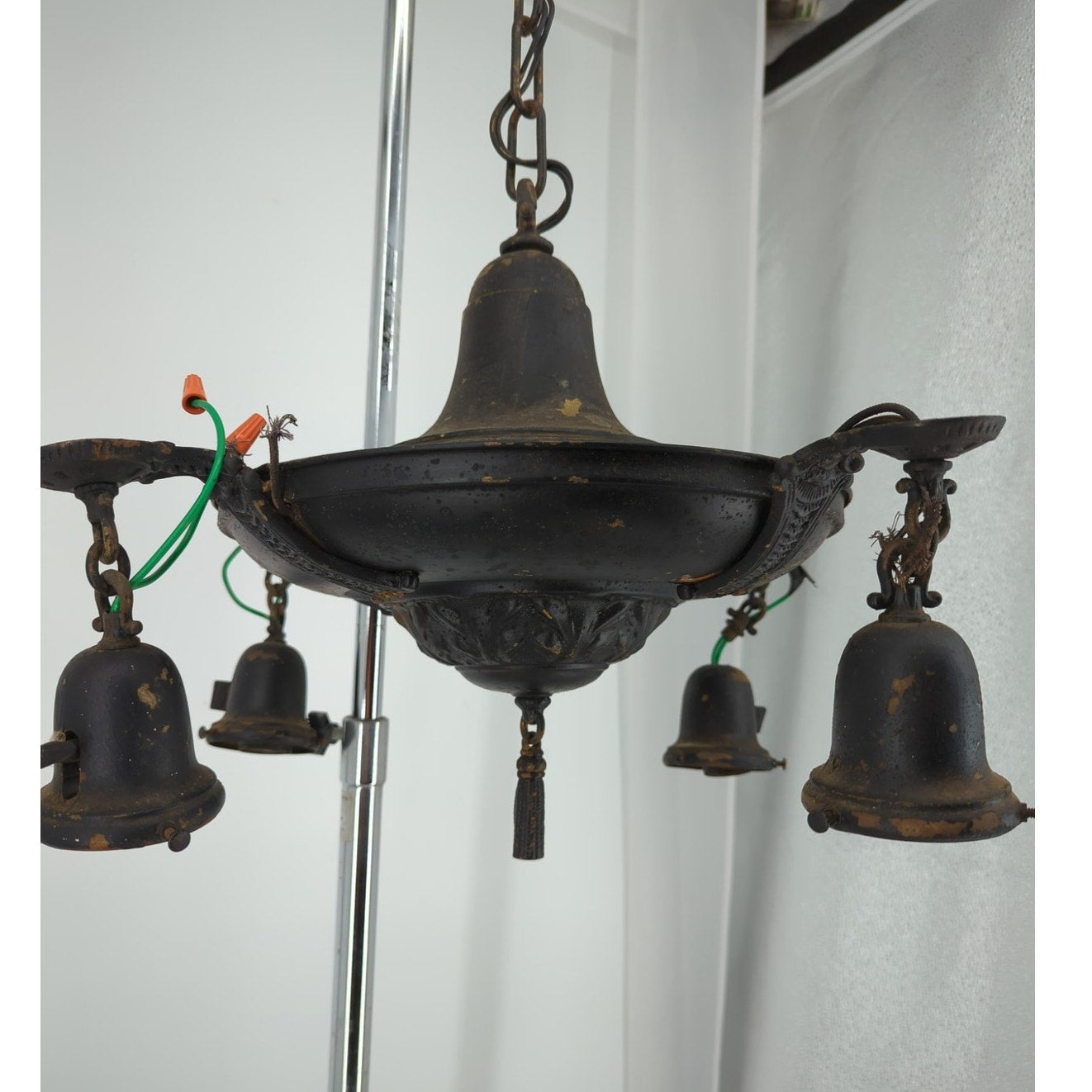 Vintage Art Deco Brass Pan Chandelier 4 Light Down Fixture Dark Patina Projec