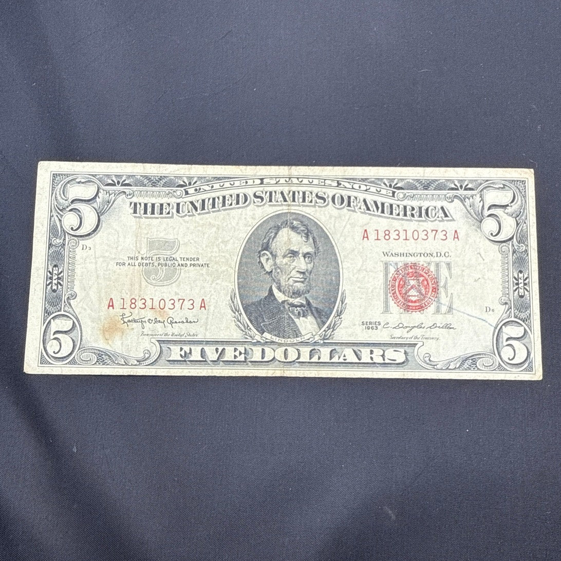 Paper Currency Bank Note USA Paper Money $5 Series 1963 Last of the RED SEALS
