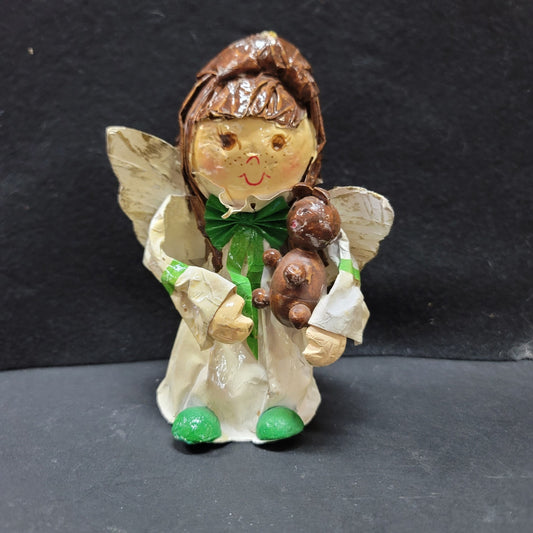 Paper Mache Angel handmade Christmas Caroler Holding a dog 6"