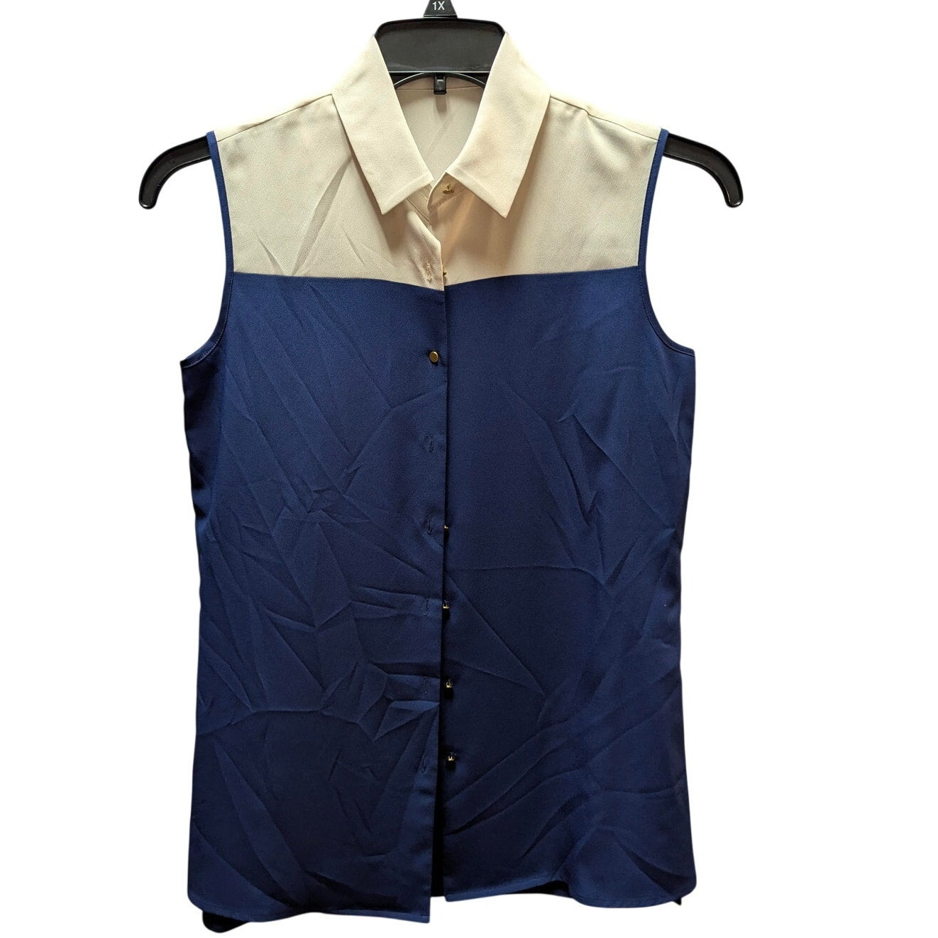Gianni Bini Navy Blue & Tan Colorblock Sleeveless Button Down Collared Shirt Top